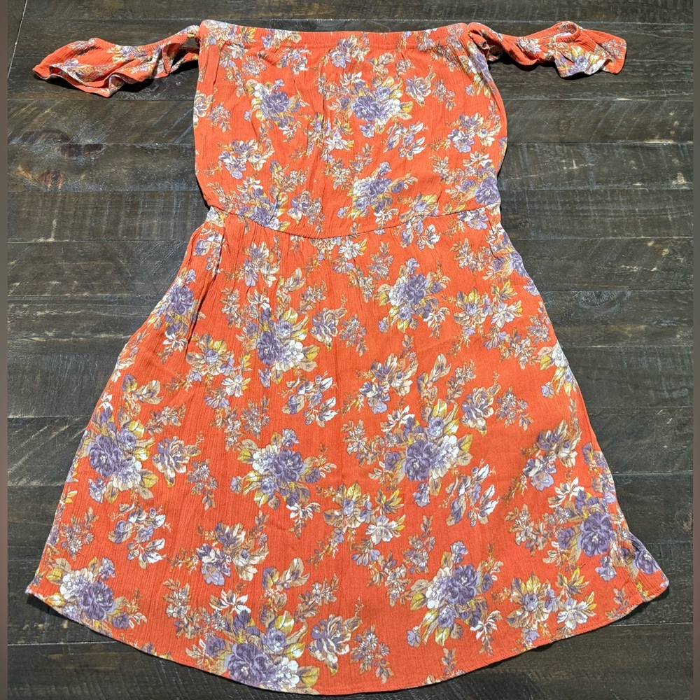 American Eagle AE Off the Shoulder Orange Purple Floral Dress Sz M Spring Summer